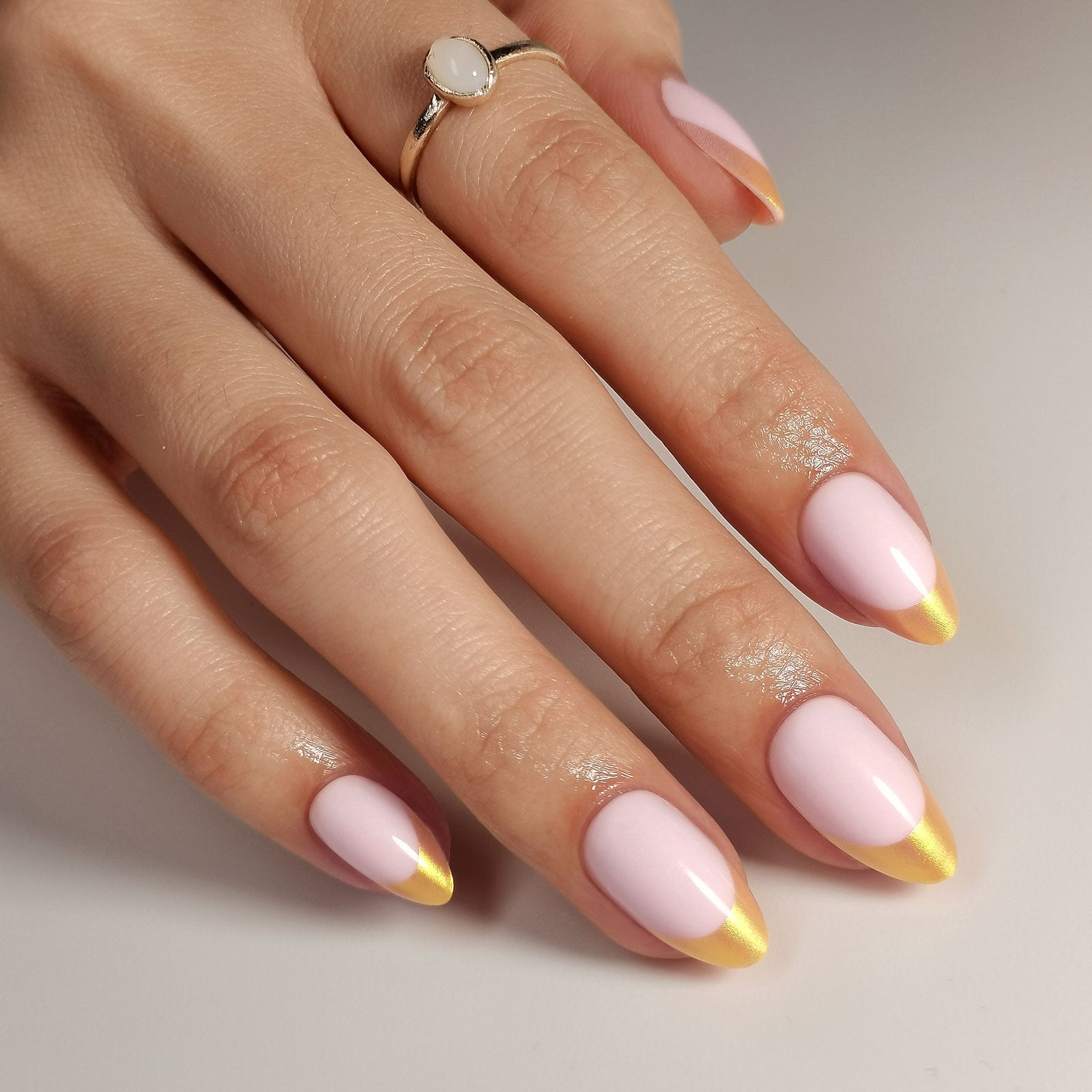 French Lilac Pink Almond Reusable Soft Gel Press-On Nails angled hand view | SHANGMENG®