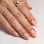 French Nude Almond Reusable Soft Gel Press-On Nails angled hand view | SHANGMENG®
