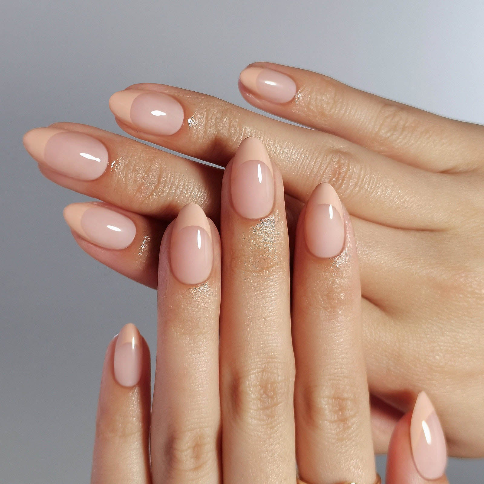 French Nude Almond Reusable Soft Gel Press-On Nails main hand model view | SHANGMENG®