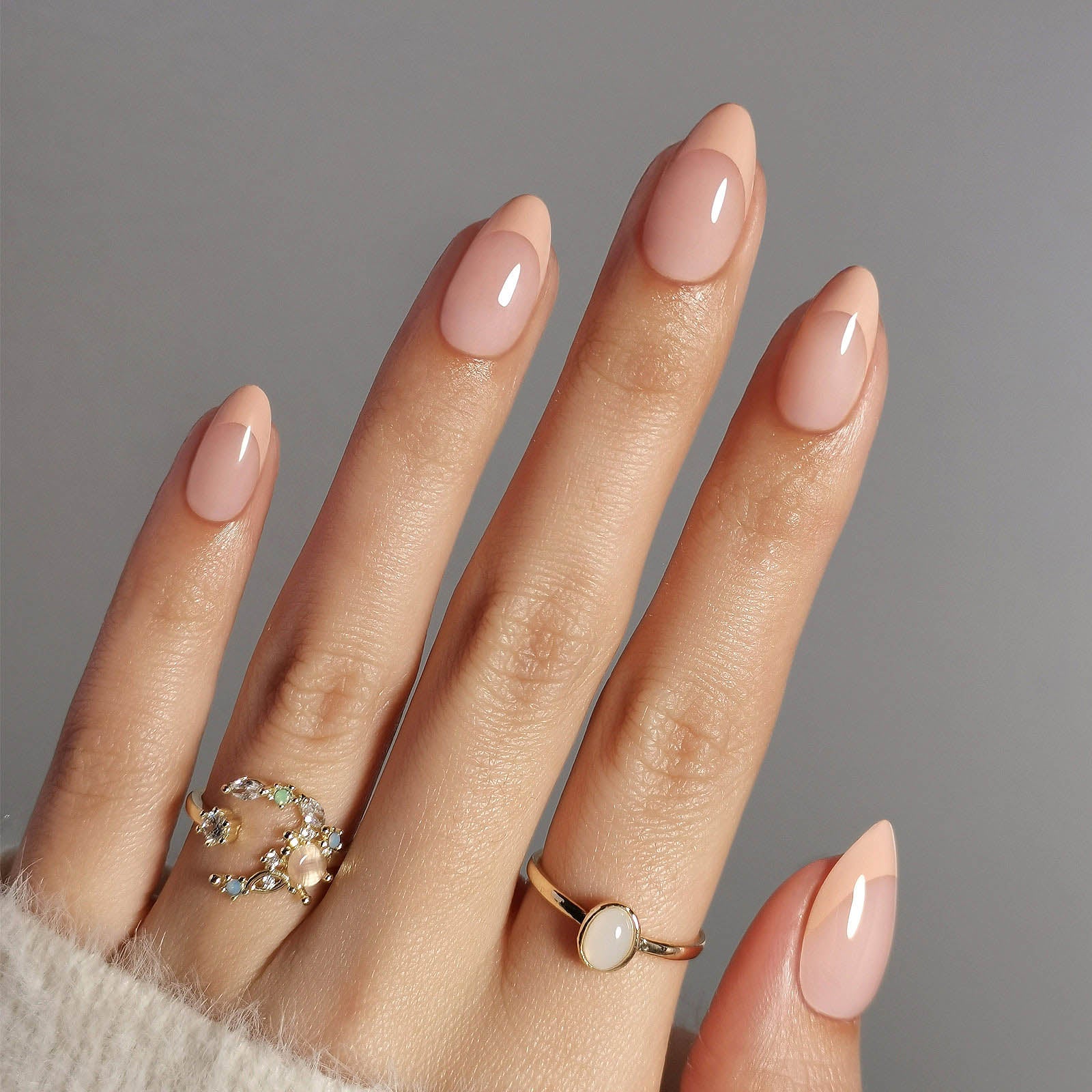 French Nude Almond Reusable Soft Gel Press-On Nails lifestyle atmosphere view | SHANGMENG®