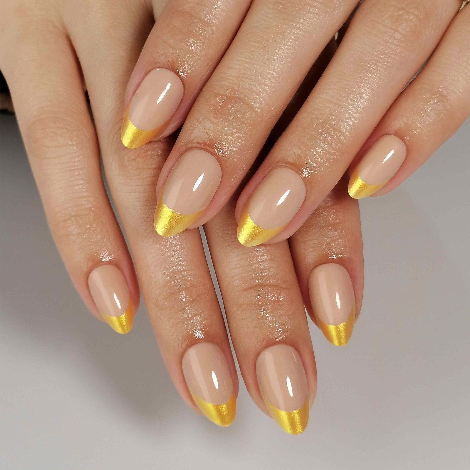 French Nude Gold Almond Reusable Soft Gel Press-On Nails craft detail view | SHANGMENG®