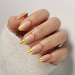French Nude Gold Almond Reusable Soft Gel Press-On Nails angled hand view | SHANGMENG®