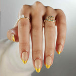 French Nude Gold Almond Reusable Soft Gel Press-On Nails hand model close-up | SHANGMENG®