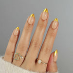 French Nude Gold Almond Reusable Soft Gel Press-On Nails main hand model view | SHANGMENG®