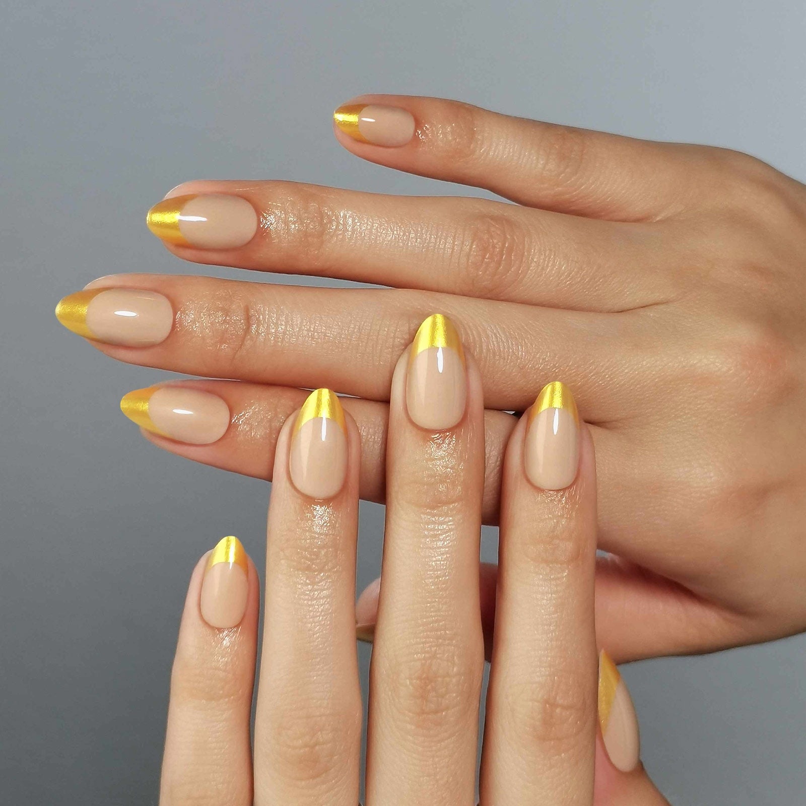 French Nude Gold Almond Reusable Soft Gel Press-On Nails lifestyle atmosphere view | SHANGMENG®