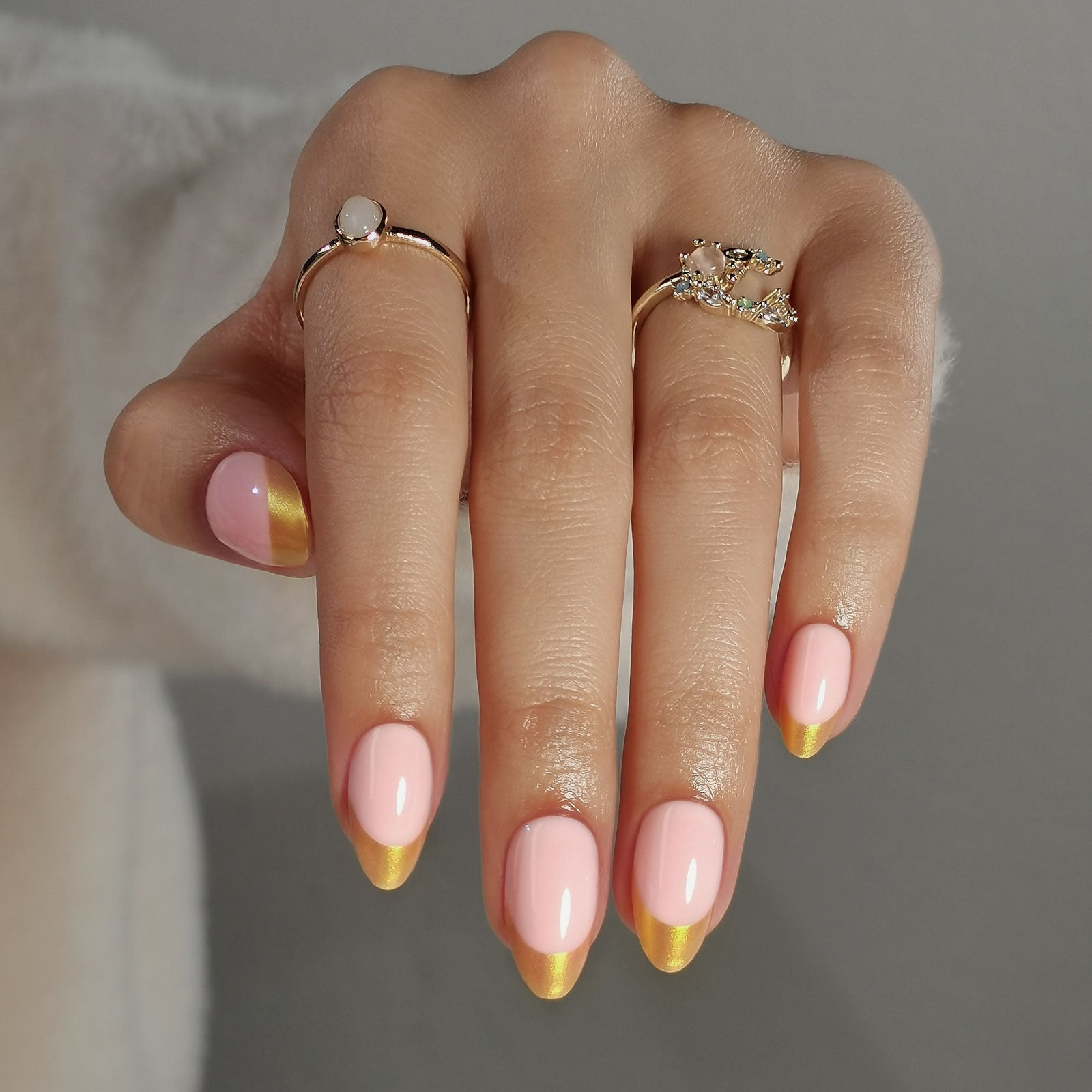 French Pink Gold Almond Reusable Soft Gel Press-On Nails craft detail view | SHANGMENG®