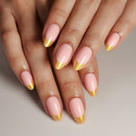 French Pink Gold Almond Reusable Soft Gel Press-On Nails finish close-up on hand | SHANGMENG®