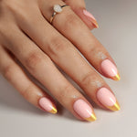 French Pink Gold Almond Reusable Soft Gel Press-On Nails angled hand view | SHANGMENG®