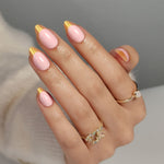 French Pink Gold Almond Reusable Soft Gel Press-On Nails hand model detail | SHANGMENG®