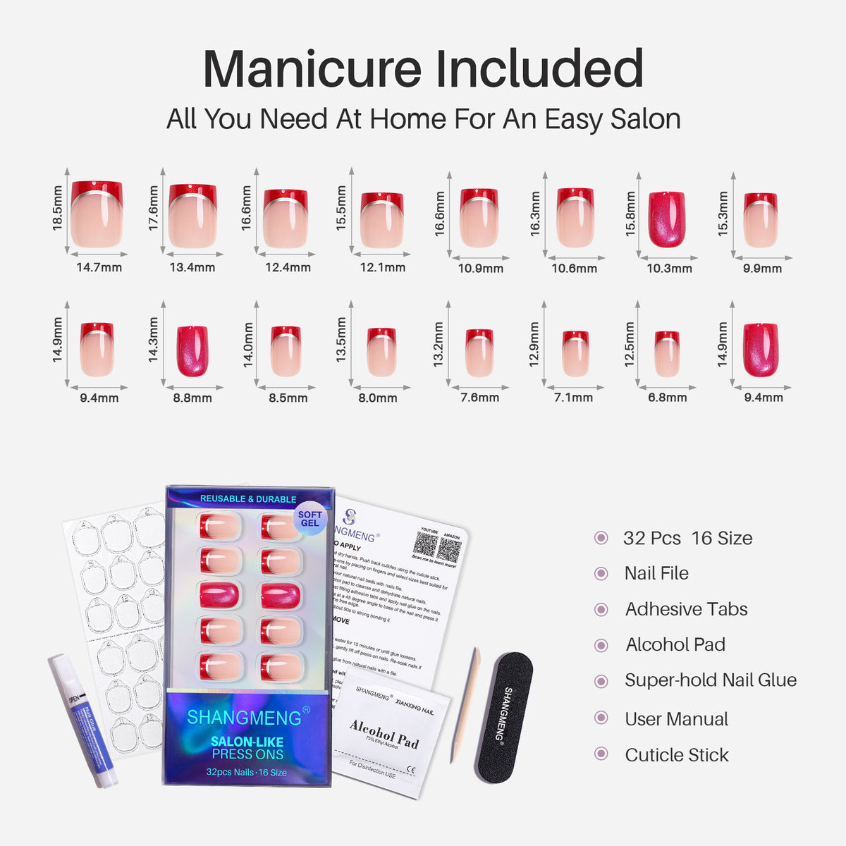 French Tip Cat Eye Gold Short Square Press on Nails 16 size options mm measurement chart | SHANGMENG®