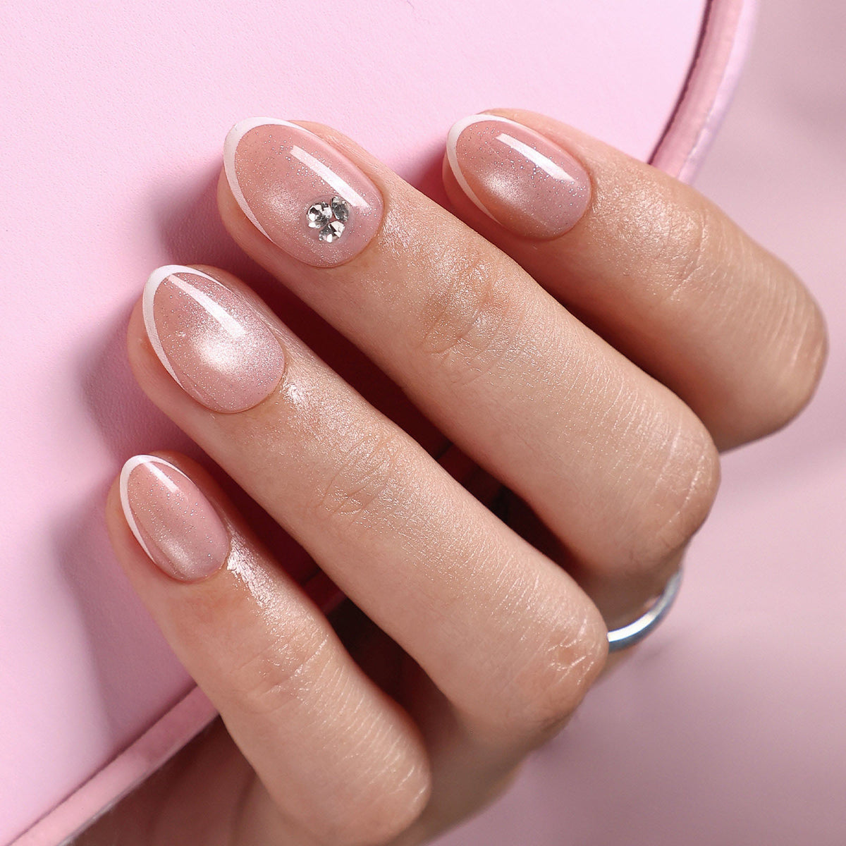 French Tip Cat Eye White Extra Short Almond Press-On Nails alternate hand angle view one | SHANGMENG®