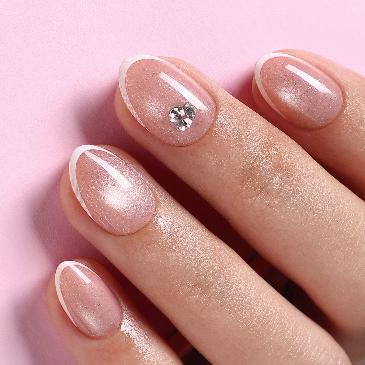 French Tip Cat Eye White Extra Short Almond Press-On Nails alternate hand angle view two | SHANGMENG®