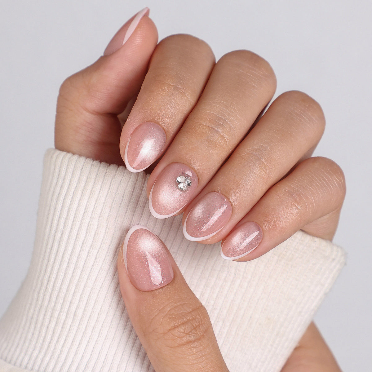 French Tip Cat Eye White Extra Short Almond Press-On Nails back of hand view one | SHANGMENG®