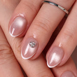 French Tip Cat Eye White Extra Short Almond Press-On Nails finish close-up on hand | SHANGMENG®