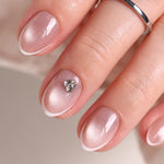 French Tip Cat Eye White Extra Short Almond Press-On Nails hand model detail | SHANGMENG®