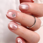 French Tip Cat Eye White Extra Short Almond Press-On Nails main hand model view | SHANGMENG®
