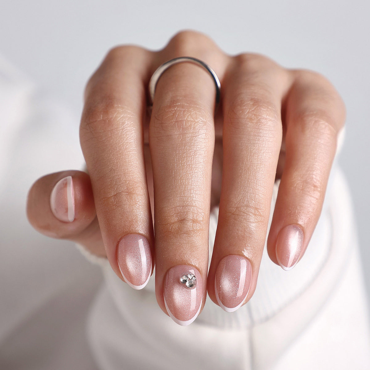French Tip Cat Eye White Extra Short Almond Press-On Nails hero french tip macro detail view | SHANGMENG®