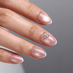 French Tip Cat Eye White Extra Short Almond Press-On Nails rhinestone accent macro view two | SHANGMENG®