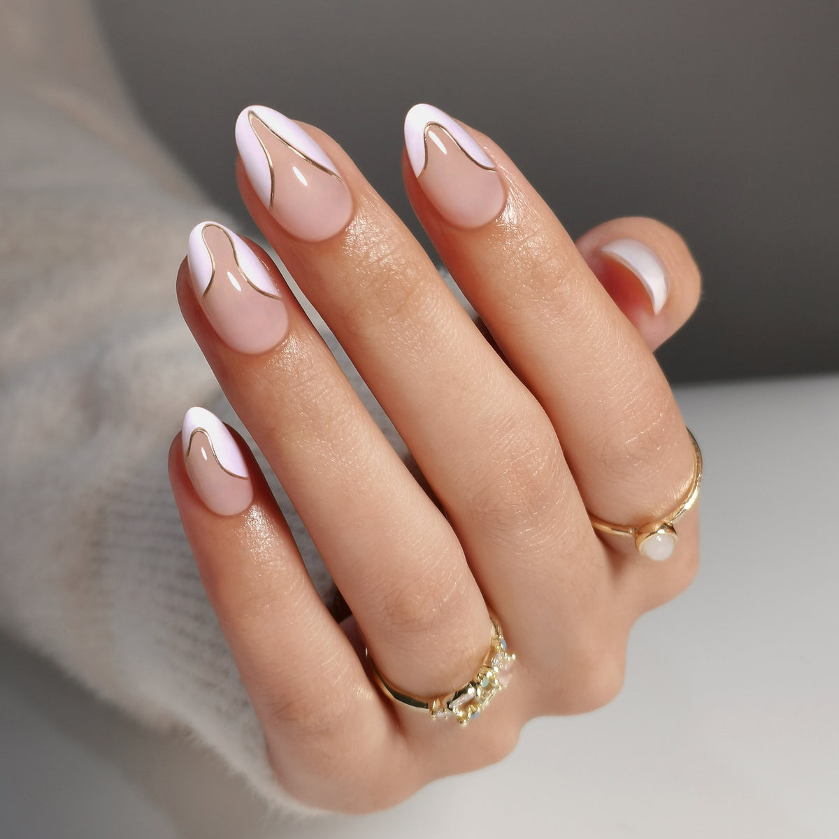French Tip Gold Almond Reusable Soft Gel Press-On Nails craft detail view | SHANGMENG®