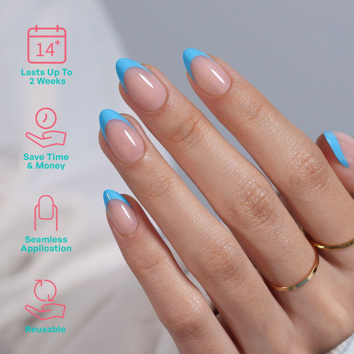French Tip Baby Blue Short Almond Soft Gel Press on Nails product image 1 | SHANGMENG®