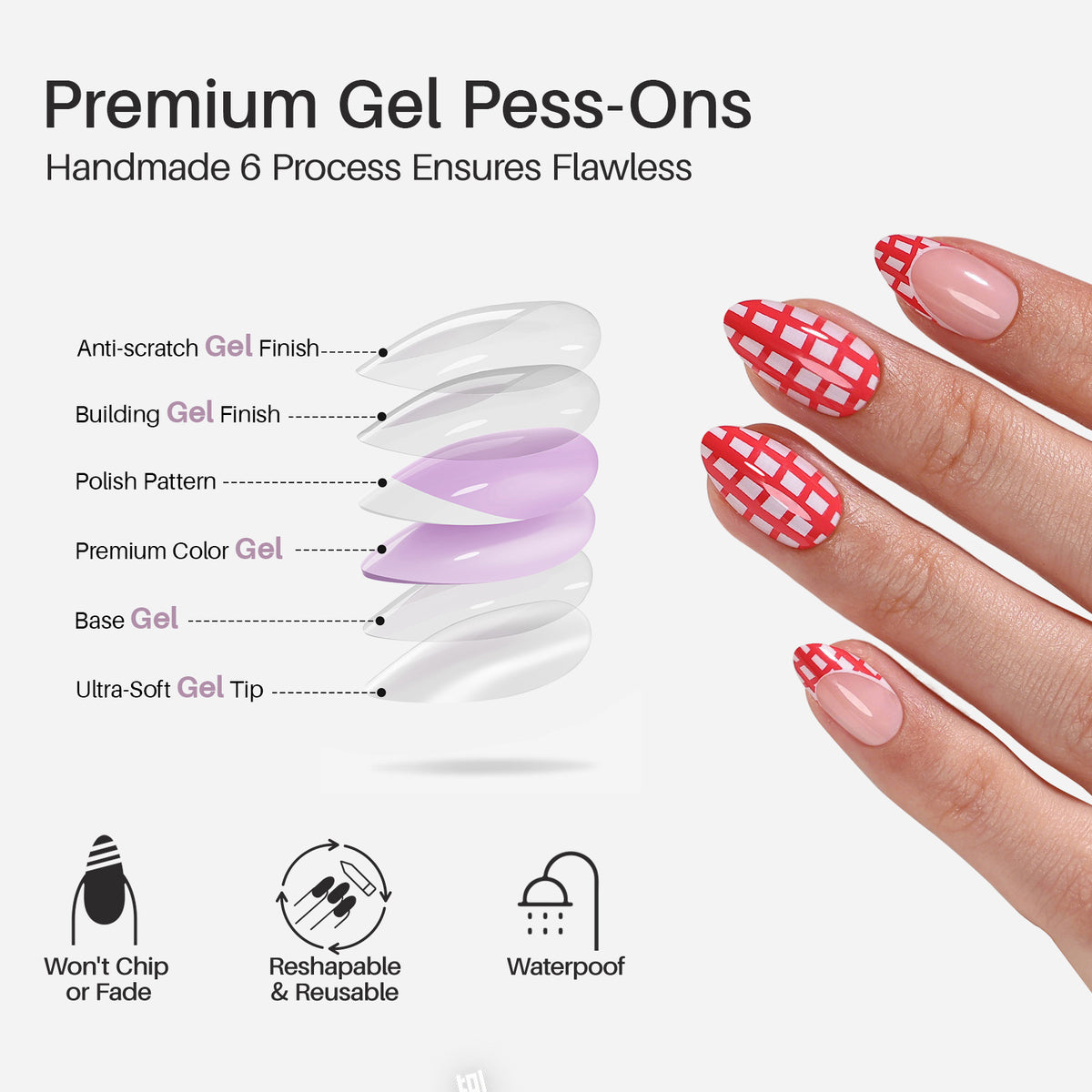 French Tip Plaid Red Short Almond Soft Gel Press on Nails UV-cured 6-layer process | SHANGMENG®