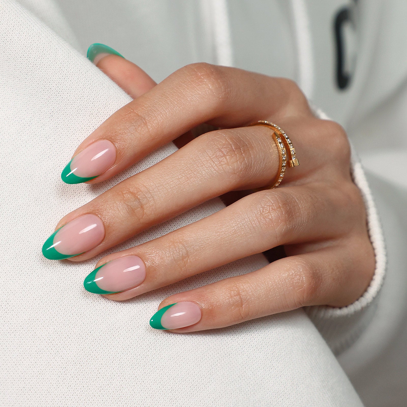 French Tip Green Jade Short Almond Soft Gel Press on Nails product image 3 | SHANGMENG®