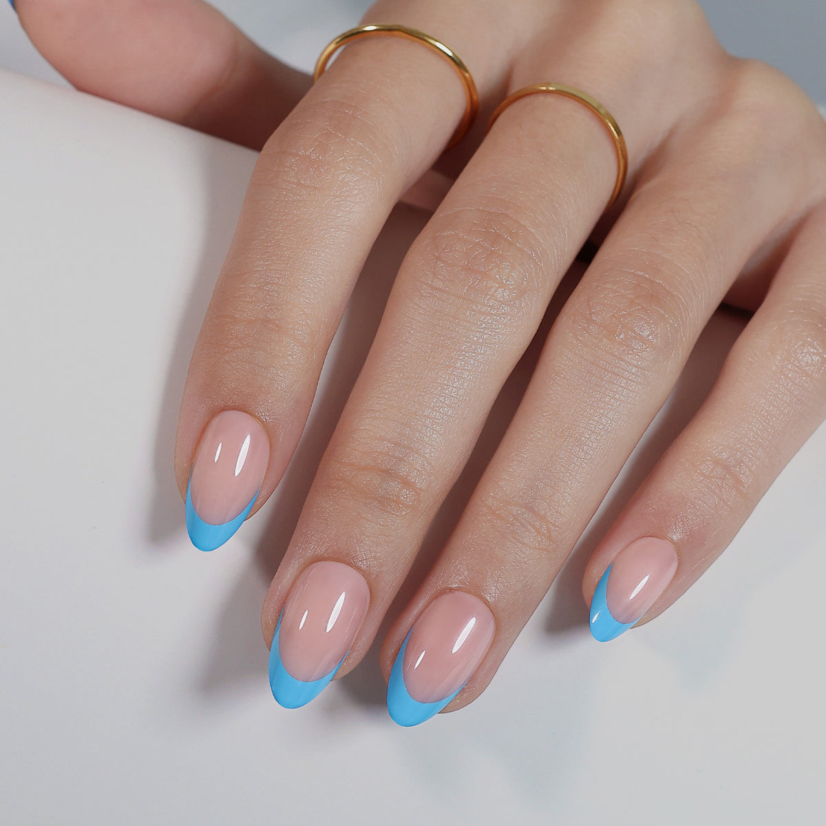 French Tip Baby Blue Short Almond Soft Gel Press on Nails product image 8 | SHANGMENG®