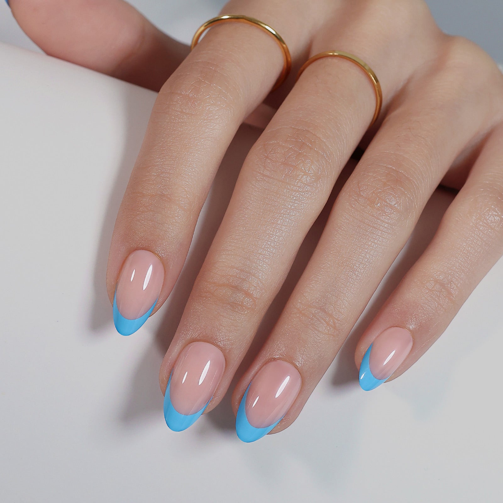French Tip Baby Blue Short Almond Soft Gel Press on Nails product image 8 | SHANGMENG®