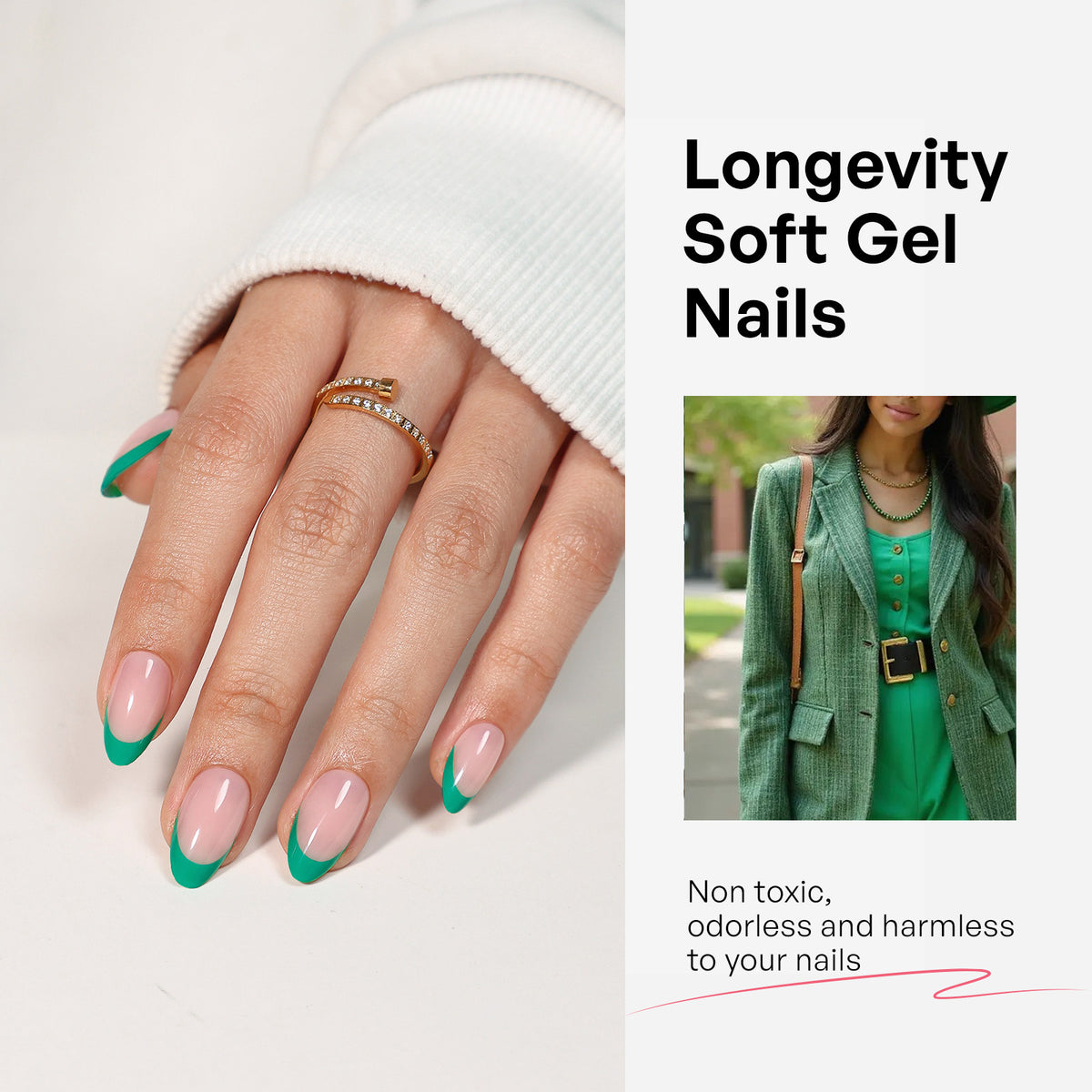 French Tip Green Jade Short Almond Soft Gel Press on Nails product image 4 | SHANGMENG®
