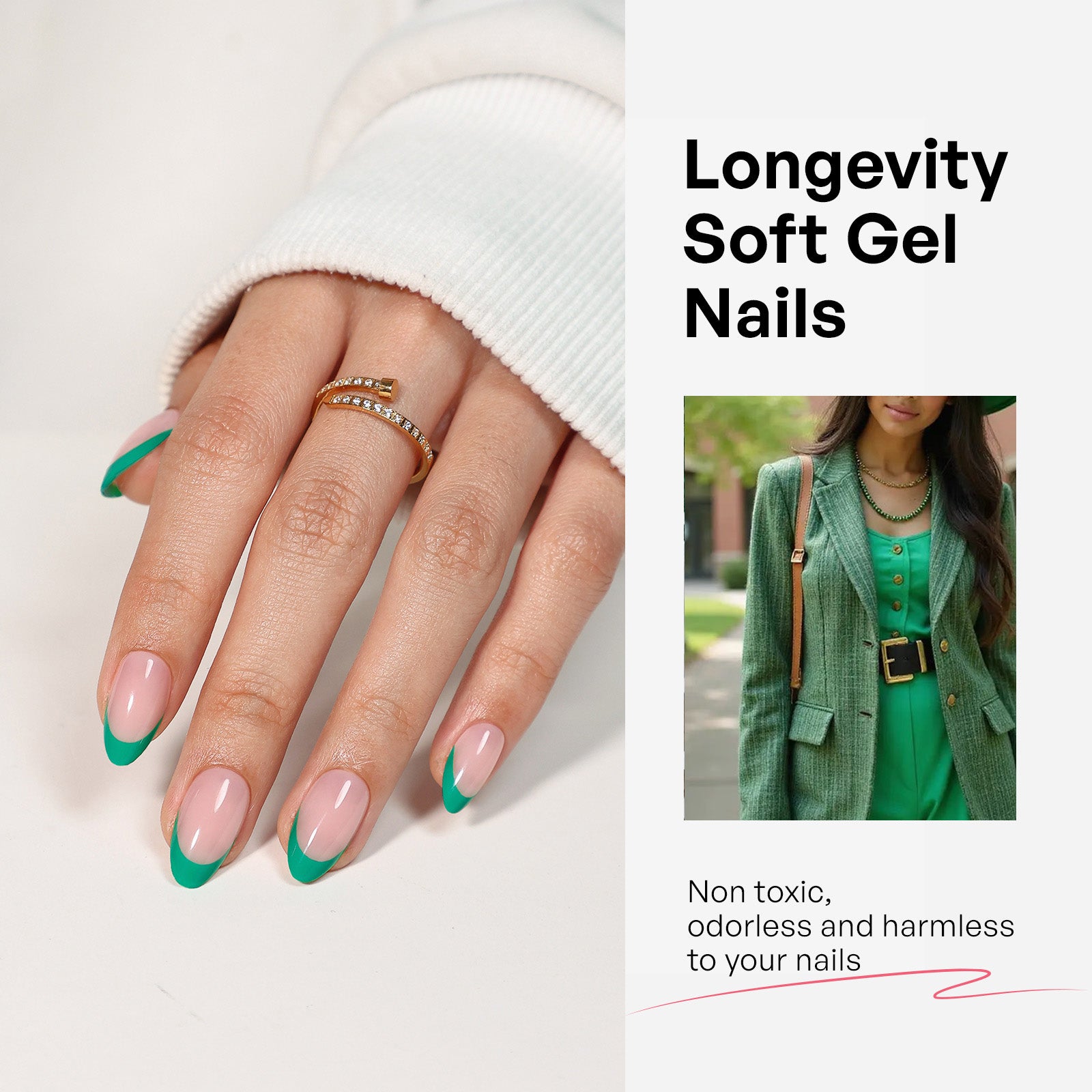 French Tip Green Jade Short Almond Soft Gel Press on Nails product image 4 | SHANGMENG®