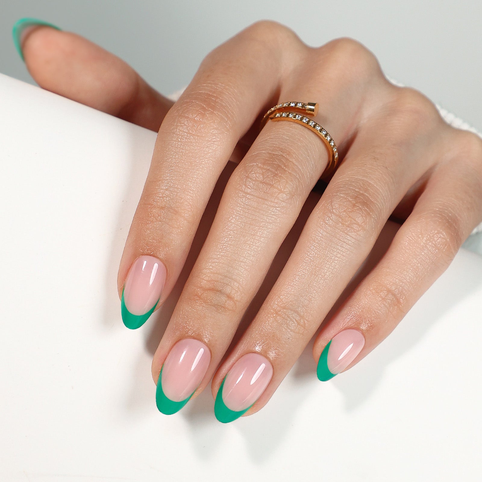 French Tip Green Jade Short Almond Soft Gel Press on Nails product image 5 | SHANGMENG®