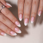 French Tip White Short Almond Soft Gel Press-On Nails angled hand view | SHANGMENG®