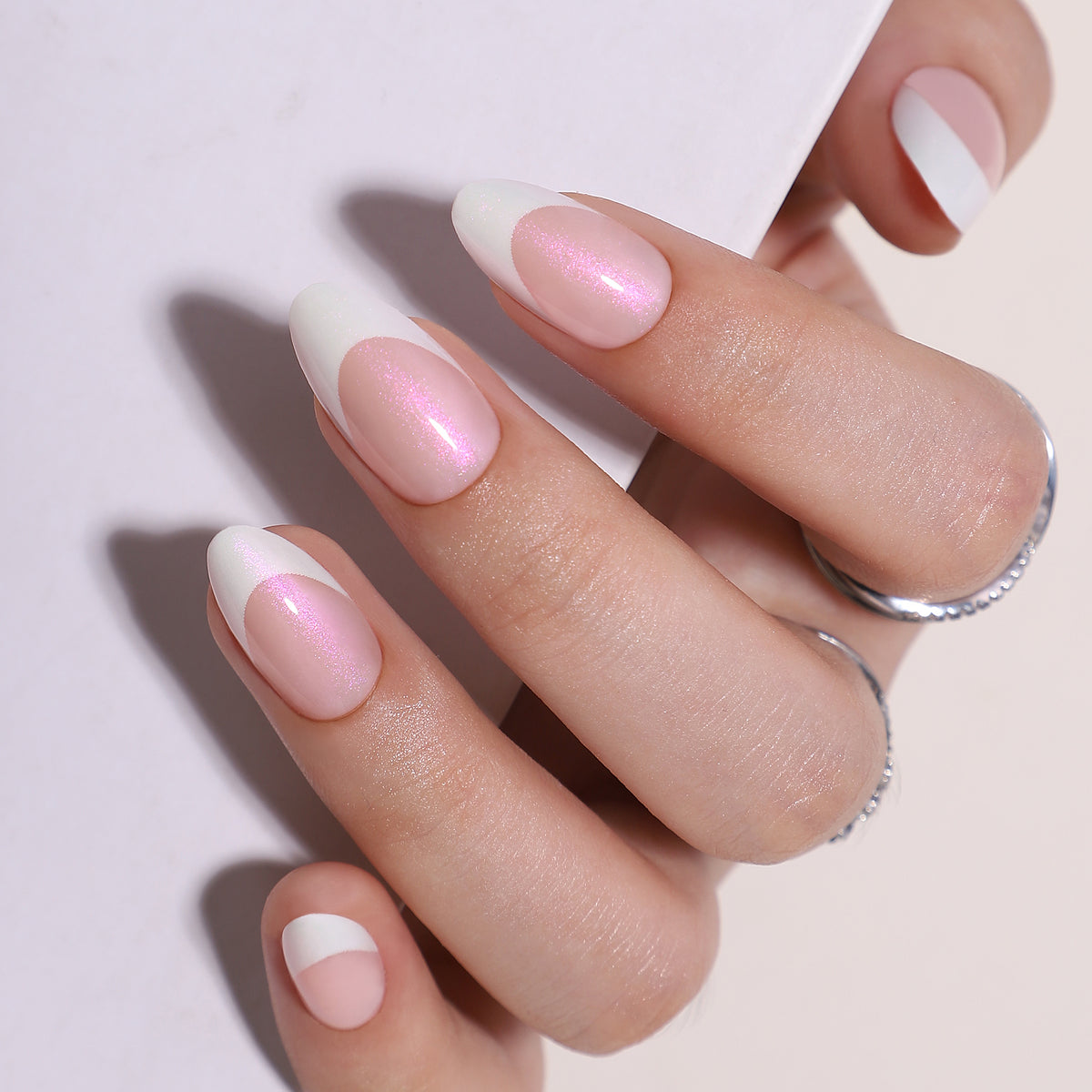 French Tip White Short Almond Soft Gel Press-On Nails craft detail view | SHANGMENG®