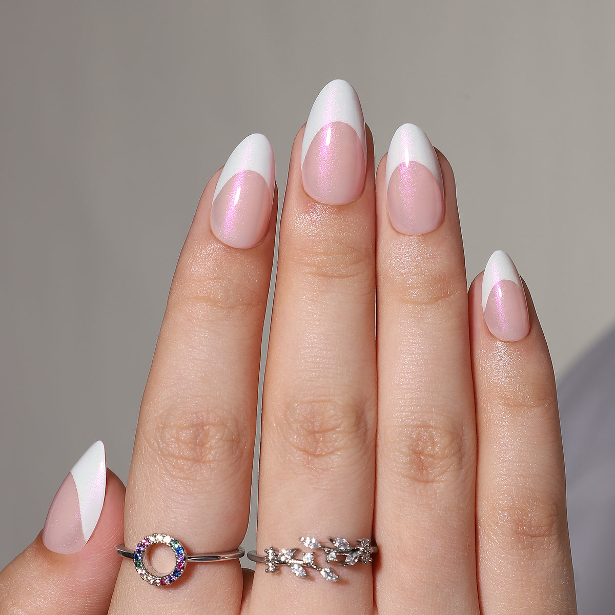 French Tip White Short Almond Soft Gel Press-On Nails finish close-up on hand | SHANGMENG®