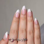 French Tip White Short Almond Soft Gel Press-On Nails finish close-up on hand | SHANGMENG®