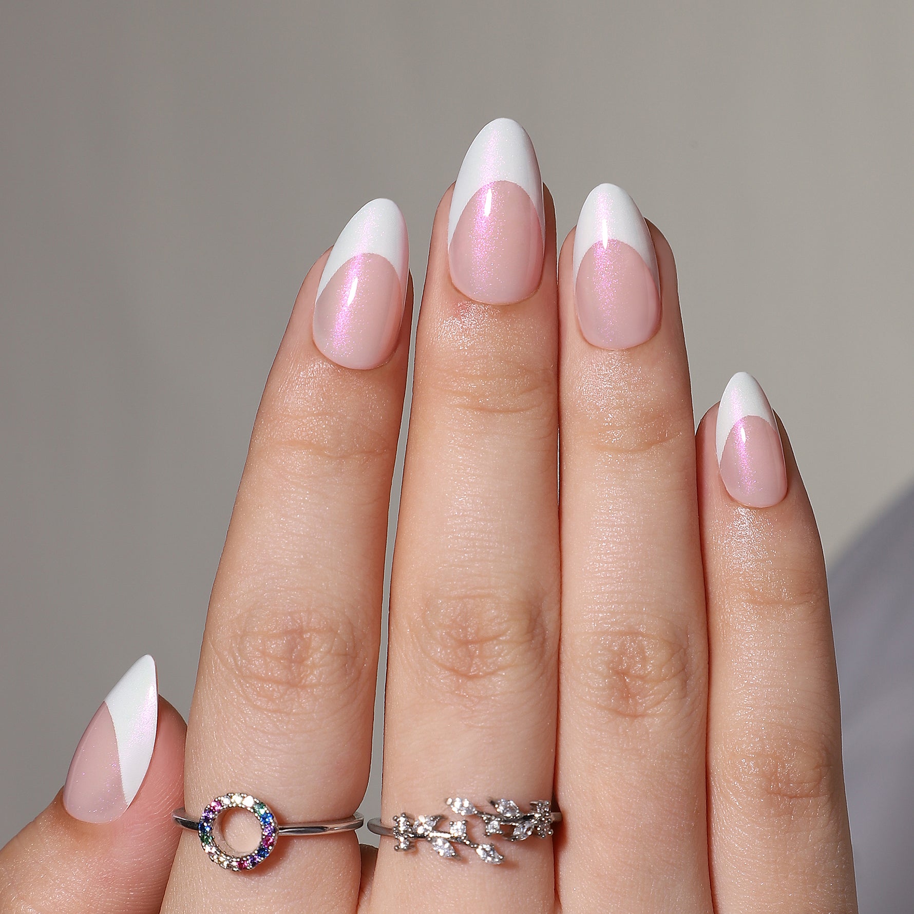 French Tip White Short Almond Soft Gel Press-On Nails finish close-up on hand | SHANGMENG®