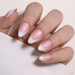 French Tip White Short Almond Soft Gel Press-On Nails main hand model view | SHANGMENG®