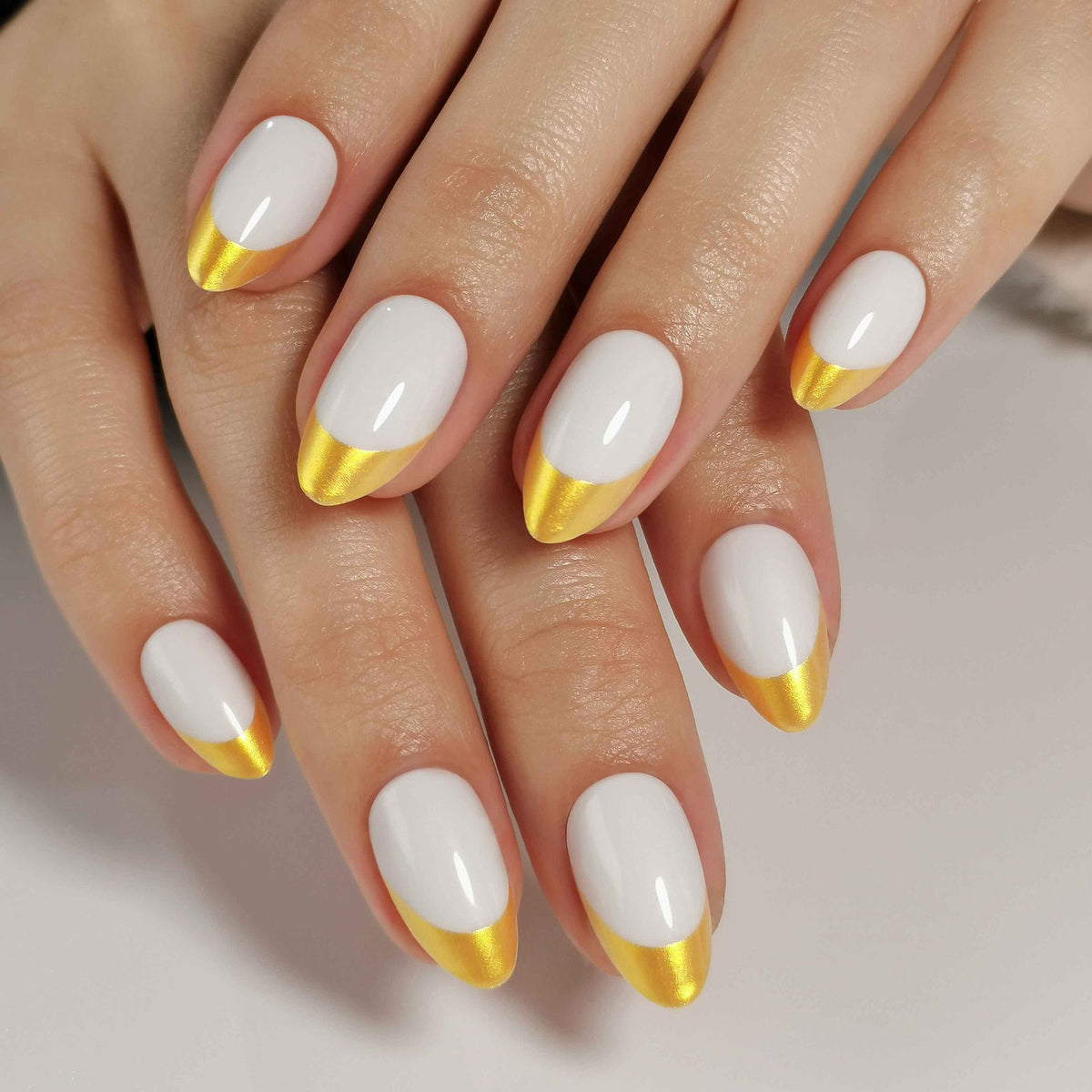 French White Gold Almond Reusable Soft Gel Press-On Nails craft detail view | SHANGMENG®