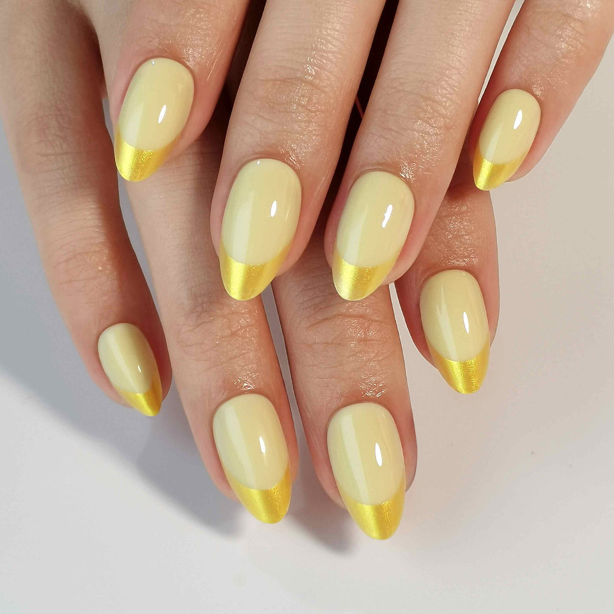 French Yellow Gold Almond Reusable Soft Gel Press-On Nails craft detail view | SHANGMENG®