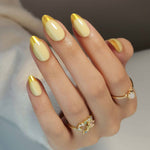 French Yellow Gold Almond Reusable Soft Gel Press-On Nails finish close-up on hand | SHANGMENG®