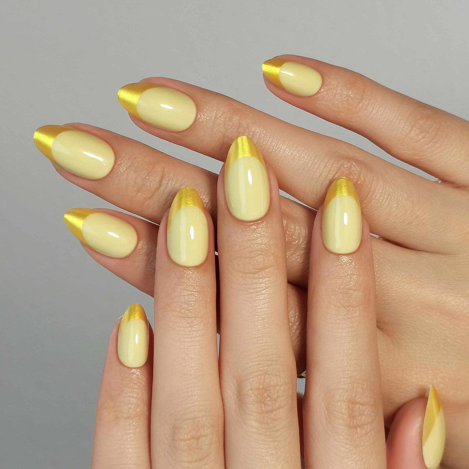 French Yellow Gold Almond Reusable Soft Gel Press-On Nails lifestyle atmosphere view | SHANGMENG®