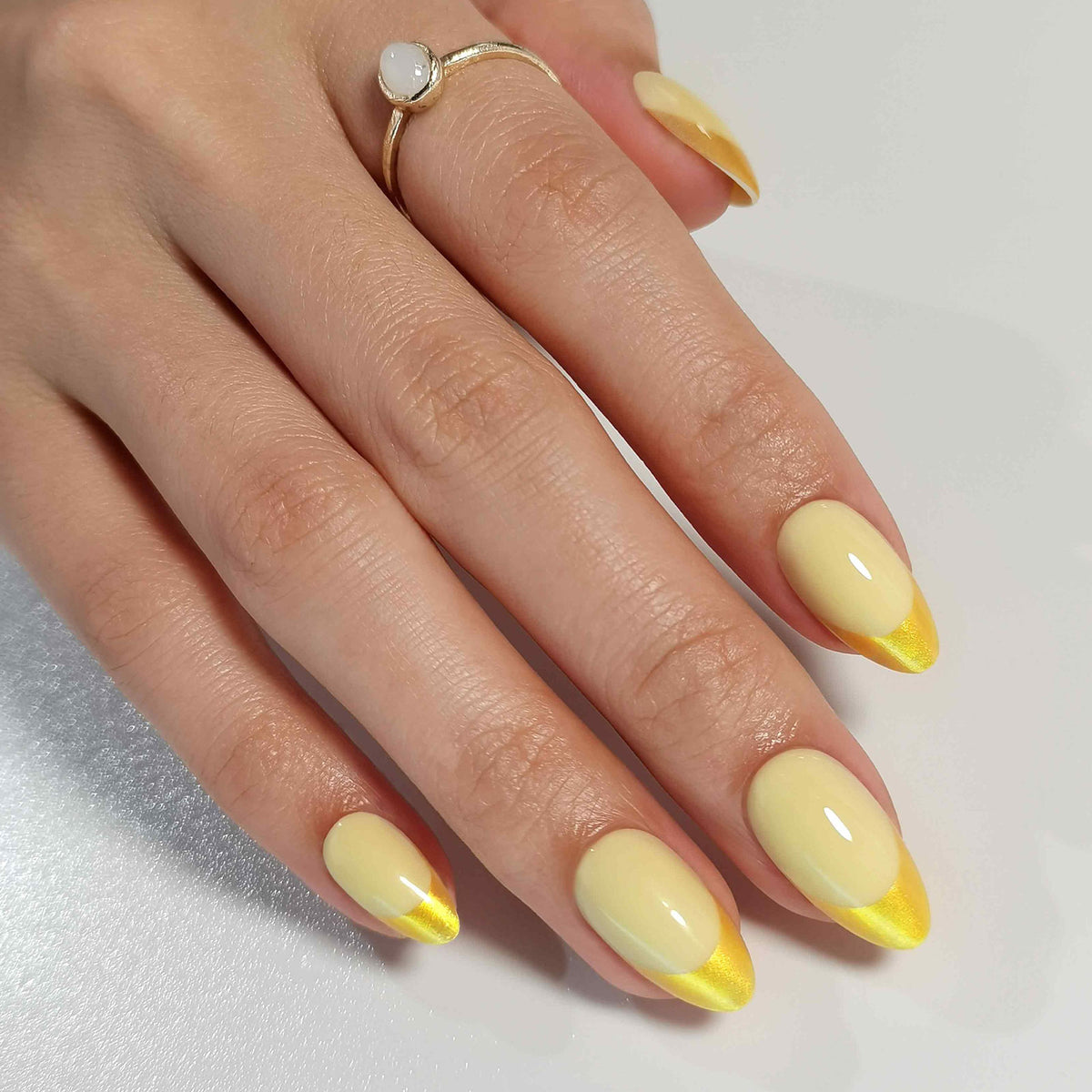 French Yellow Gold Almond Reusable Soft Gel Press-On Nails product detail view | SHANGMENG®