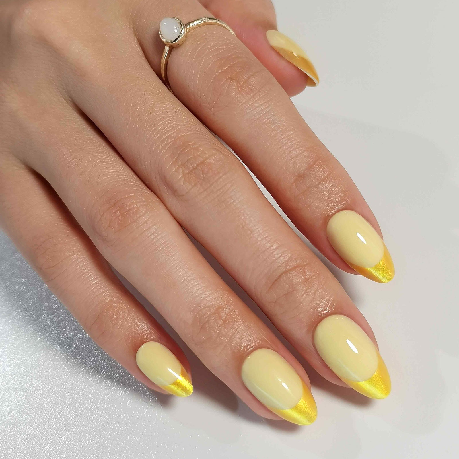 French Yellow Gold Almond Reusable Soft Gel Press-On Nails product detail view | SHANGMENG®