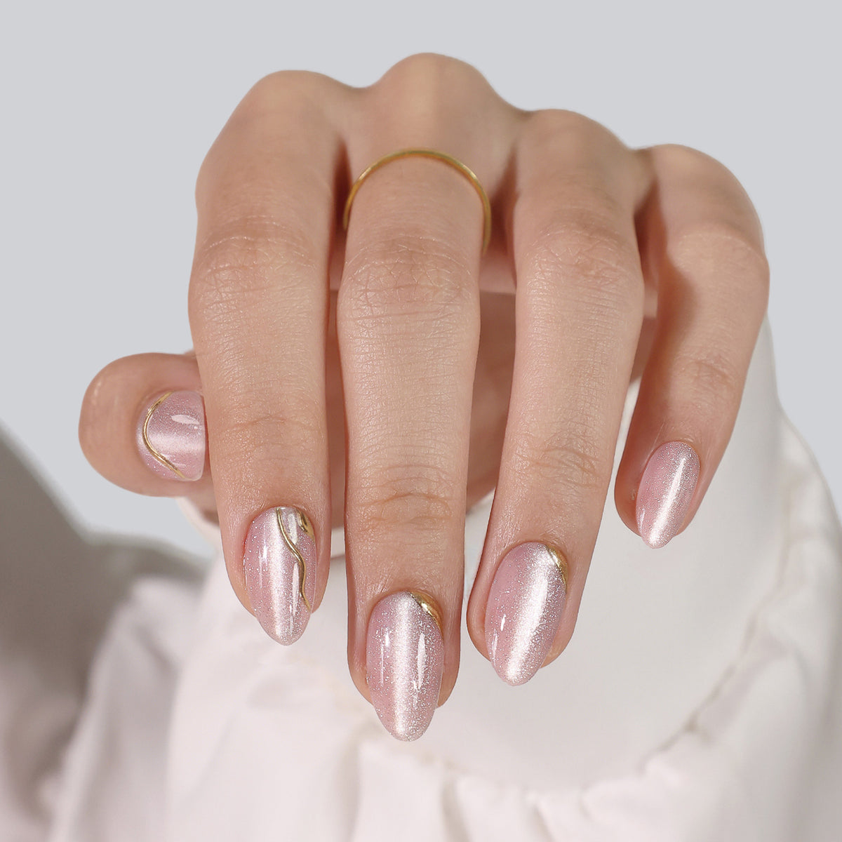 Gilded Glyphs Pink Cat Eye — Short Almond on hand front view | SHANGMENG®