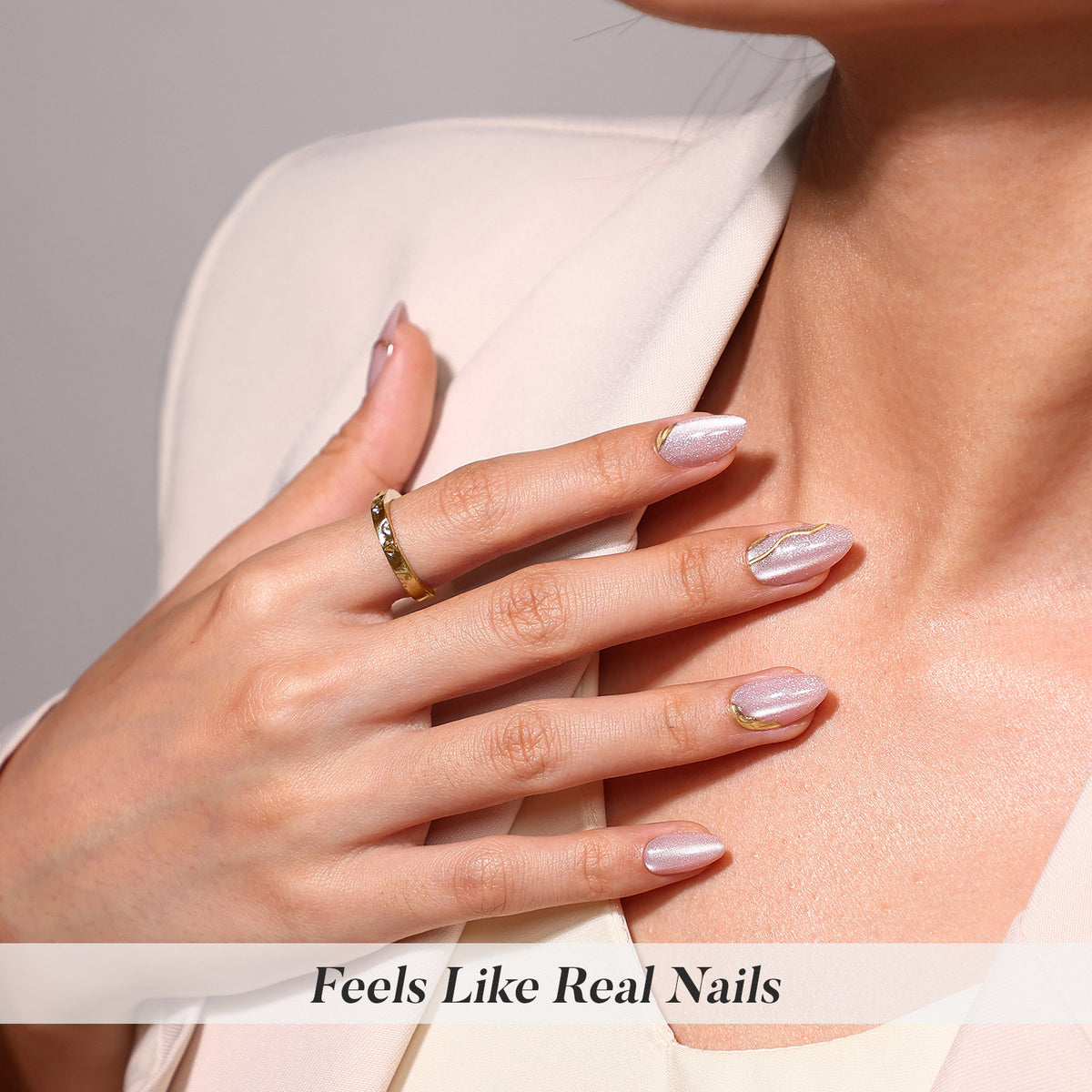 Gilded Glyphs Pink Cat Eye — Short Almond on hand lifestyle | SHANGMENG®