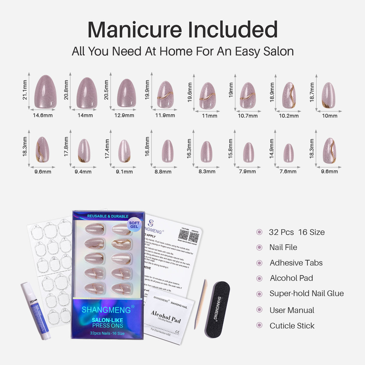 Gilded Glyphs Pink Cat Eye — Short Almond size chart and complete kit | SHANGMENG®