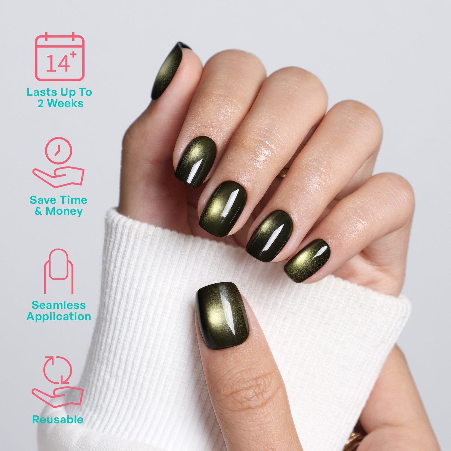 Gilded Noir Cat Eye Black Gold Short Square Press-On Nails 2-week wear and reusable benefits | SHANGMENG®