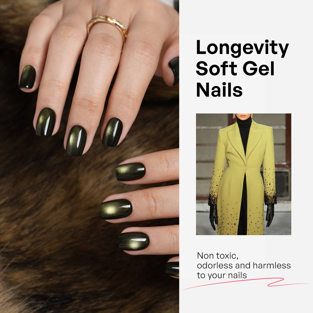 Gilded Noir Cat Eye Black Gold Short Square Press-On Nails soft gel longevity lifestyle look | SHANGMENG®