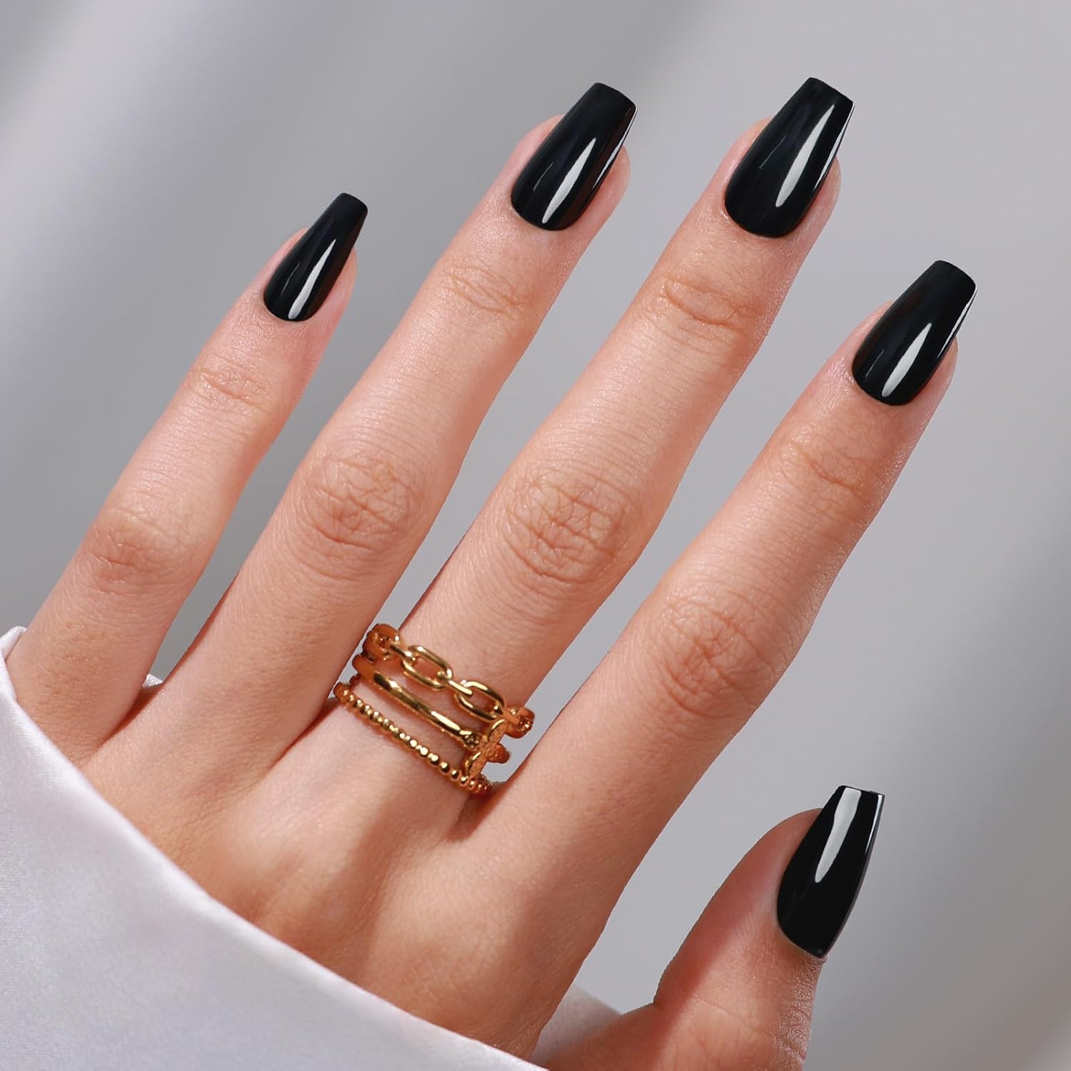 Classic Black Medium Coffin Styles SHANGMENG® Soft Gel Press-on-nails
