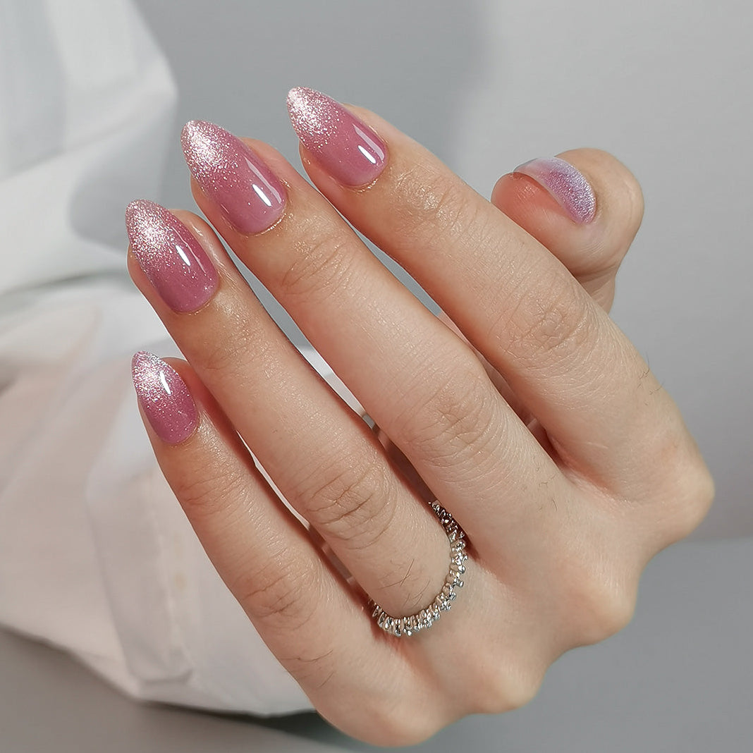Pink Cat Eye Short Almond Nails